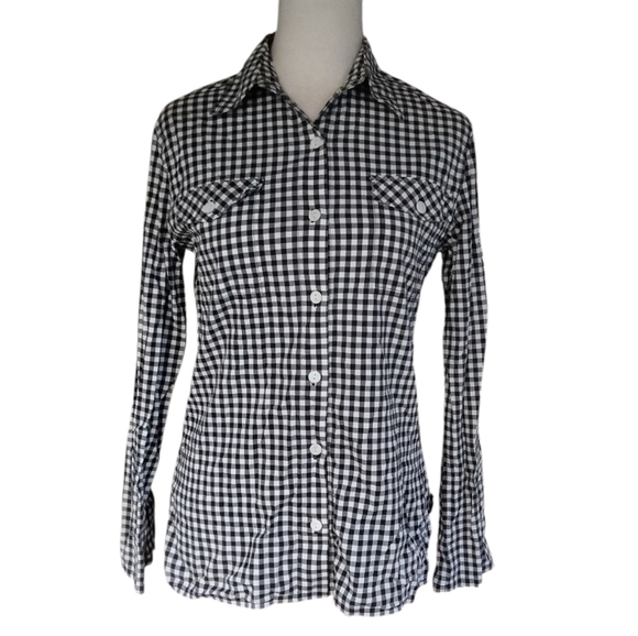 Chico's Women's Black & White Gingham Long Sleeve Button Up Blouse Size 0 Small - Picture 1 of 5